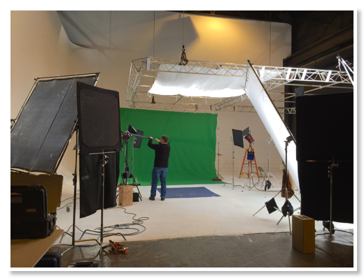 Fresh Coast Productions RDI Stages green screen rigged with lighting